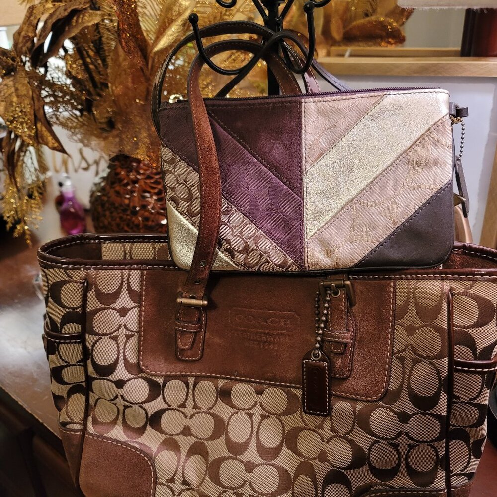 Authentic Coach bag and matching wristlet brown multi suede.